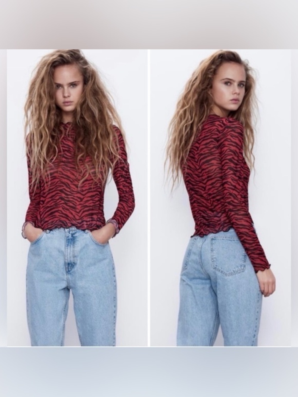 Zara Red Black Zebra Print Sheer Mesh Fairy Grunge Long Sleeve Top Medium